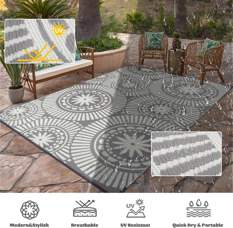 Ileading Reversible Plastic Outdoor Rug Modern Geometric Style Patio Straw Mat Waterproof Deck Carpets Non Shedding Portable Area Rugs for RV Beach Backyard Outside Pool Picnic Camping (5'x8'Grey) - Image 4